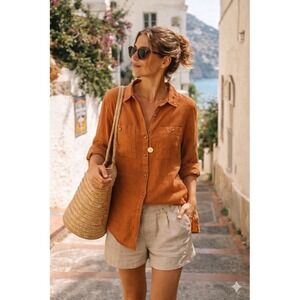 Club Monaco Cotton Gauze Button Shirt Womens S Terra Cotta Rust Coastal Luxury